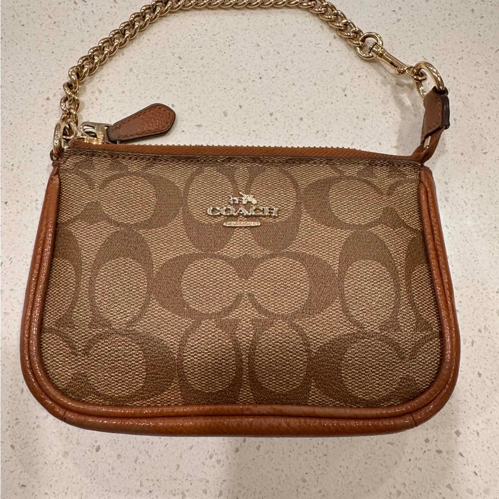 Coach Nolita 19 Brown Tan Logo Chain Strap Wristlet  Designer Signature Canvass